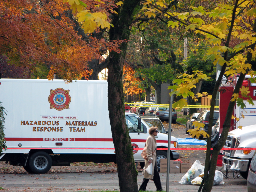 Hazmat teams at the scene of a meth lab discovered in the building across the street from my house